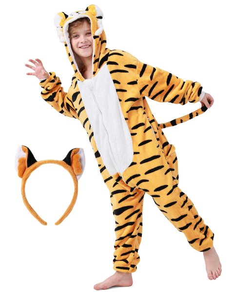 Flauschiges Tiger-Kostüm für Kinder mit Haarreif | Karneval Fasching Kostüm Onesie für Mädchen, Jungen | Körpergröße 90-110cm