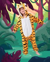 Flauschiges Tiger-Kostüm für Kinder mit Haarreif | Karneval Fasching Kostüm Onesie für Mädchen, Jungen | Körpergröße 90-110cm