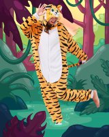 Flauschiges Tiger-Kostüm für Erwachsene mit Haarreif | Karneval Kostüm Onesie für Damen, Herren | Körpergröße 150-160cm