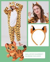 Flauschiges Tiger-Kostüm für Erwachsene mit Haarreif | Karneval Kostüm Onesie für Damen, Herren | Körpergröße 150-160cm