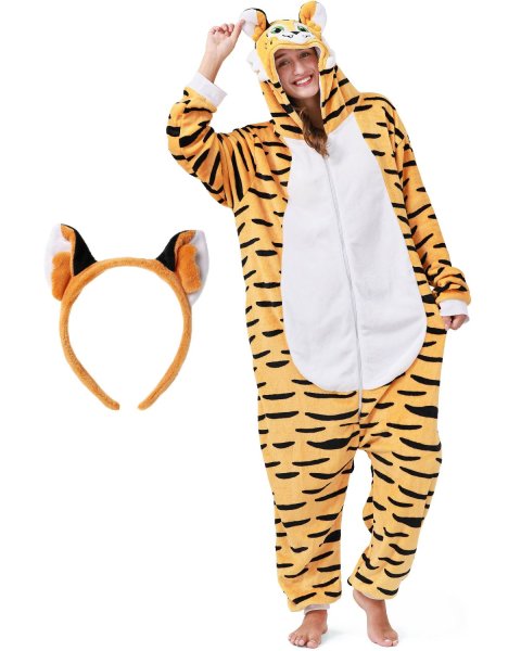 Flauschiges Tiger-Kostüm für Erwachsene mit Haarreif | Karneval Kostüm Onesie für Damen, Herren | Körpergröße 180-190cm