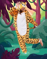 Flauschiges Tiger-Kostüm für Erwachsene mit Haarreif | Karneval Kostüm Onesie für Damen, Herren | Körpergröße 180-190cm