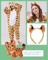 Flauschiges Tiger-Kostüm für Erwachsene mit Haarreif | Karneval Kostüm Onesie für Damen, Herren | Körpergröße 180-190cm